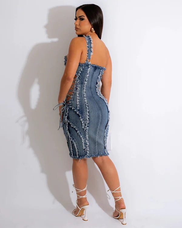 HALTER DENIM MINI DRESS